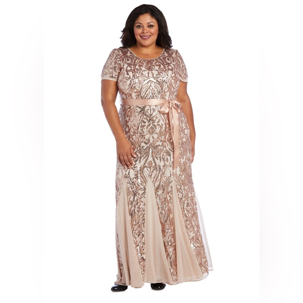 R&M Richards 14W Sequin Formal Evening Gown Champagne Rose Gold